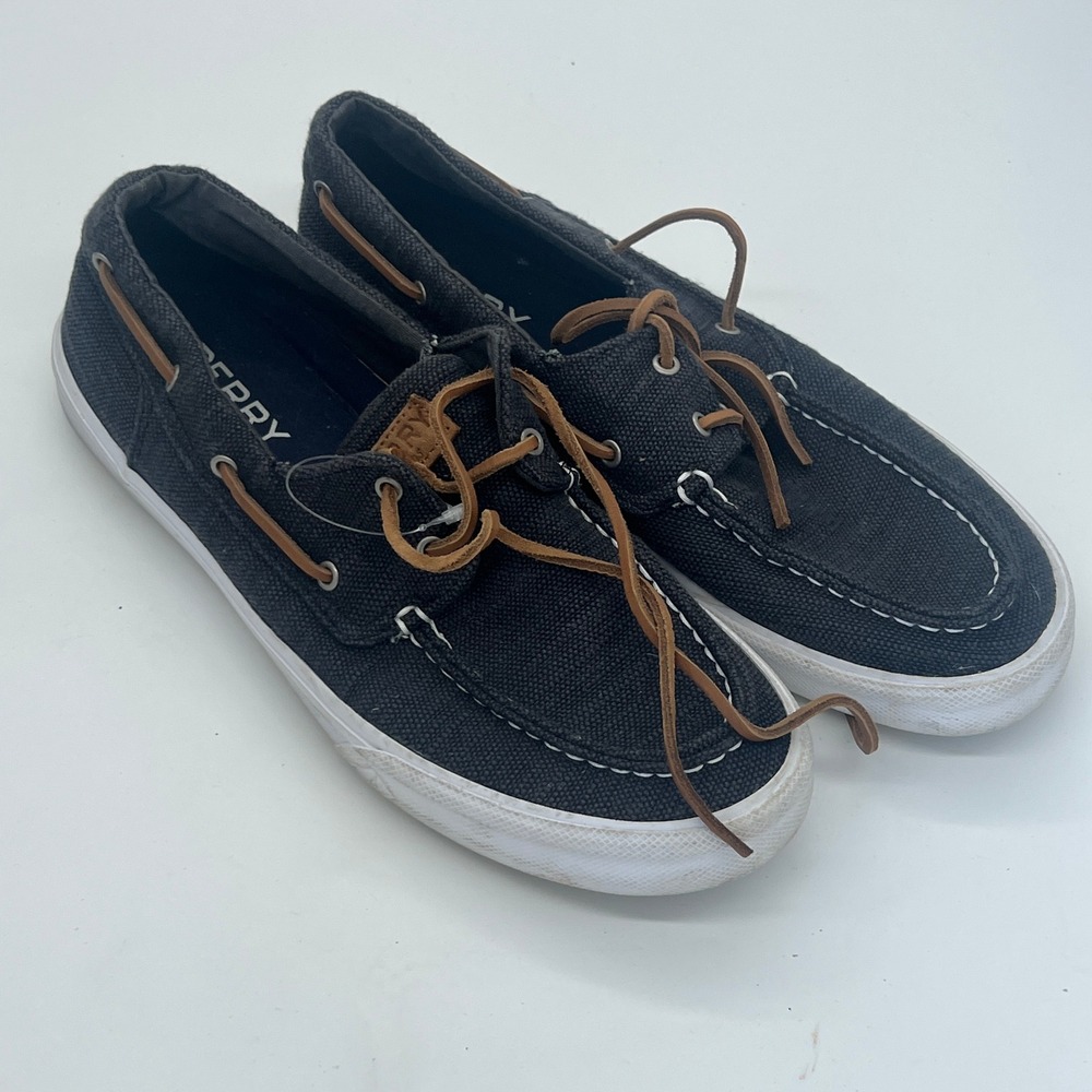 Sperry Mens Boat Shoes 10 Black Solid Bahama 2-Eye Canvas Leather Lace Up